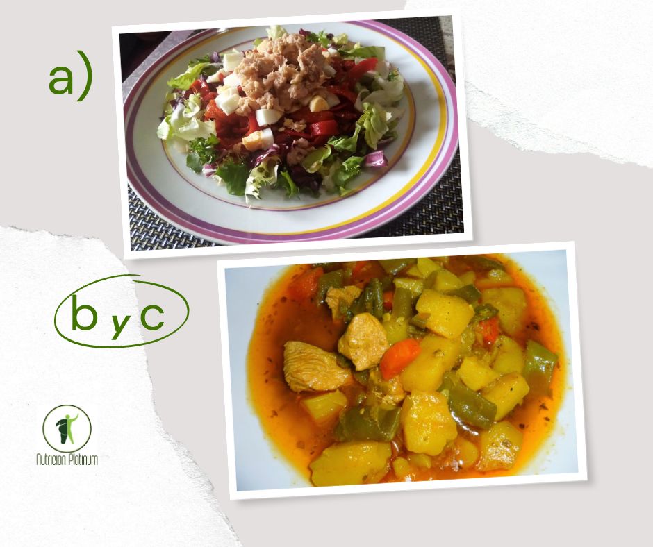 Ensalada de pimientos asados atún y huevo con guiso de patatas carne de pollo y judías verdes